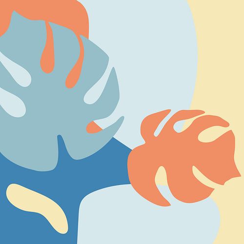 Zomertijd. Tropische botanische abstracte bladeren in terracotta, blauw en geel nr. 1_2