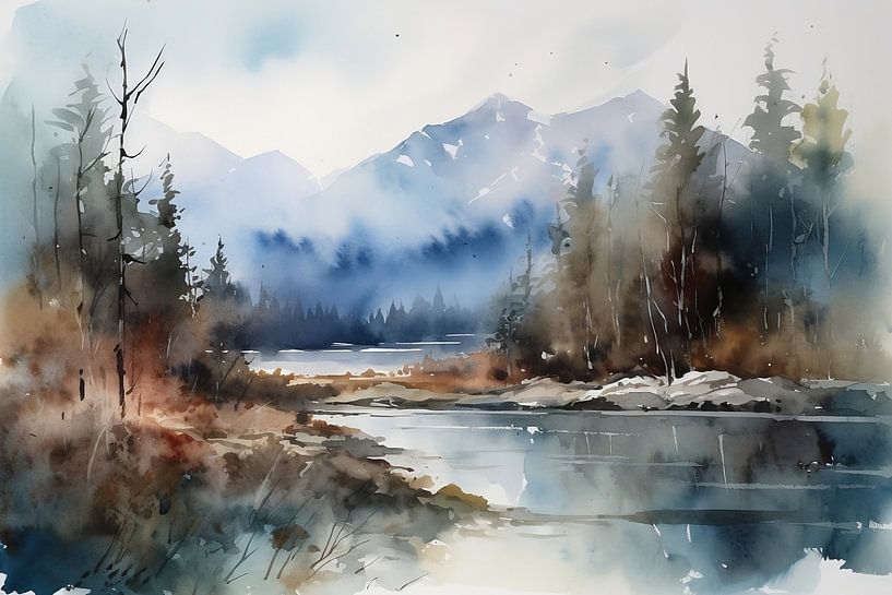 Watercolours Landscape Alaska by NJ Midnight Studio