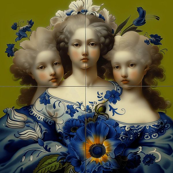 Dutch tile picture with 3 girls by Ton Kuijpers