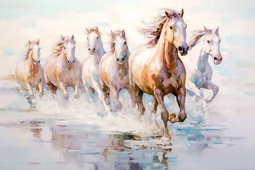Galopperende witte paarden in de zee van Thea