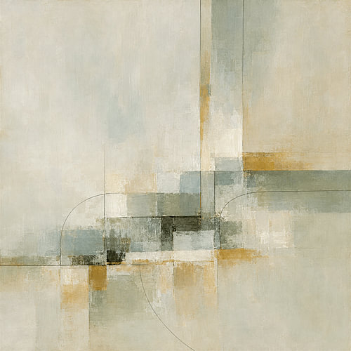 Œuvre d'art scandinave moderne, abstraite et minimaliste, dans des tons gris-bleu et beige