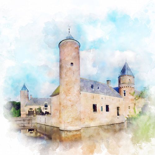 Aquarelschilderij van Kasteel Westhove in Veere, Zeeland