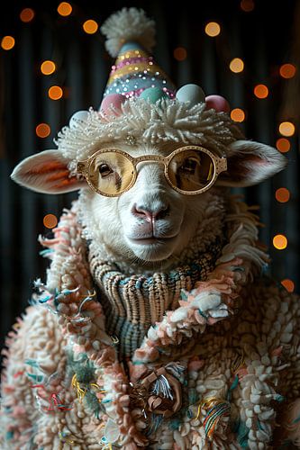 Verjaardagsfeest schaap met disco kleding en feestmuts