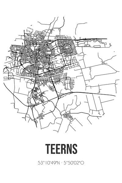 Teerns (Fryslan) | Map | Black and white by Prints of Place
