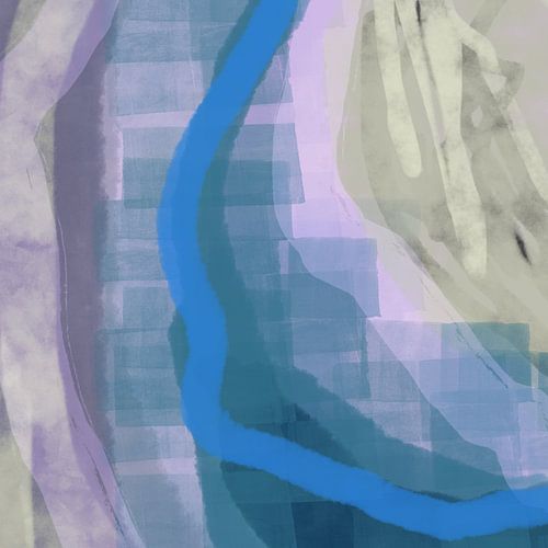 Abstracte aquarelkunst in kobaltblauw, lila en groengrijs.