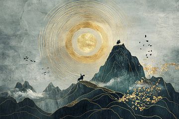 Mystieke berglandschappen in goud en inktstijl van Digitale Schilderijen