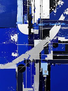 Abstract kunstwerk met organische vormen in blauw en goud