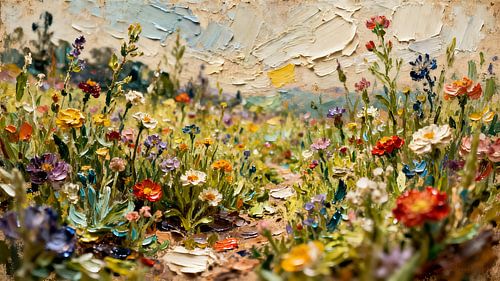 Zomerse natuurstudie van wilde bloemen in olieverf