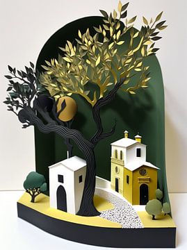 Miniatuur landschapspapier wit zwart groen goud huizen bomen van gm_designs