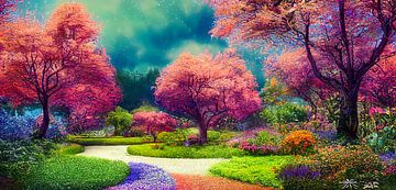 Panorama Paysage de jardin enchanteur avec des fleurs et des arbres colorés sur Animaflora PicsStock