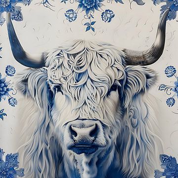Scottish highlander with delftware flowers by Lauri Creates