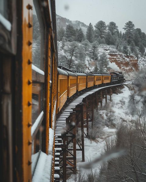 Dampflokzug durch Schneelandschaft von fernlichtsicht