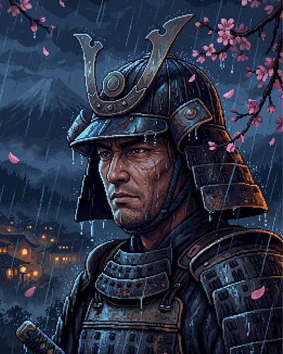Pixel art : « Le samouraï silencieux sous la tempête »