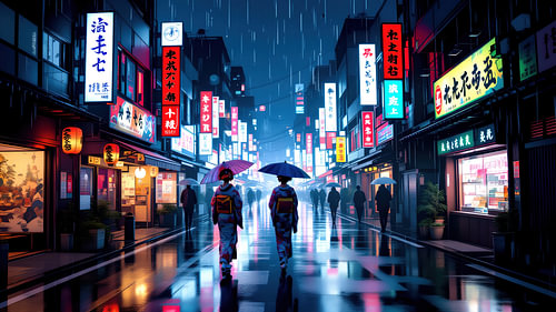 Regnerische Nacht in Tokio – Geisha-'s im Neonlicht