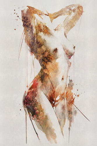 Autumn Muse | Female Nude in Watercolor and Botanical Autumn Tones