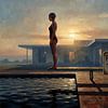 Poised Woman on Diving Board at Sunset by Jan Keteleer