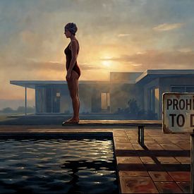 Femme en équilibre sur un plongeoir au coucher du soleil sur Jan Keteleer
