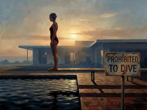 Vrouw op duikplank bij zonsondergang