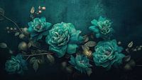 Subtle textured turquoise painted flowers on a dark, moody background.