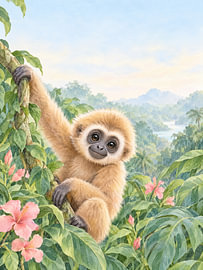 Un bébé gibbon dans la jungle – Fleurs et feuilles roses