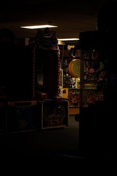 A closed shop at night.