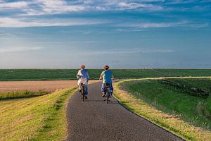 Radfahren im Abendlicht auf dem Sommerdeich von Westhoek, Friesland.