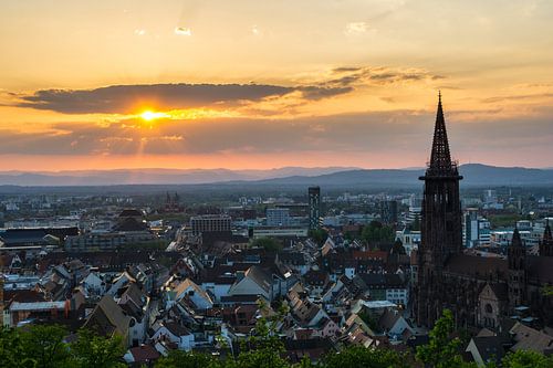Germany, Warm orange evening sunlight on the roofs of City Freib
