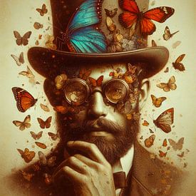 Man with hat and glasses surrounded by butterflies by Bernhard Karssies
