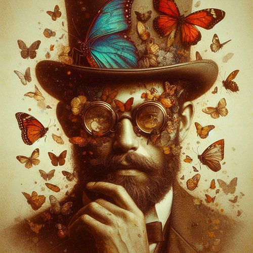 Man met hoed en bril omringt door vlinders