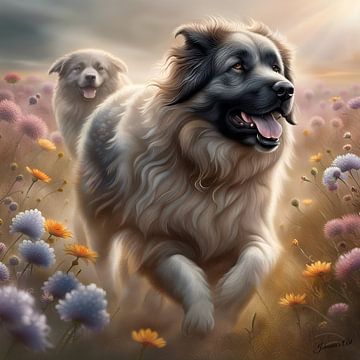 Kaukasische herdershonden spelen in een bloemenveld van Johanna's Art