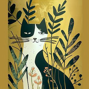 Grafische Illustration Katze zwischen Pflanzen
