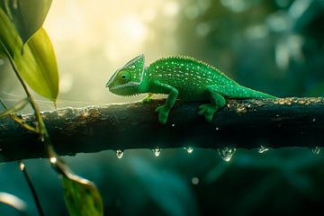 Groene kameleon op een tak in de natuur van Poster Art Shop