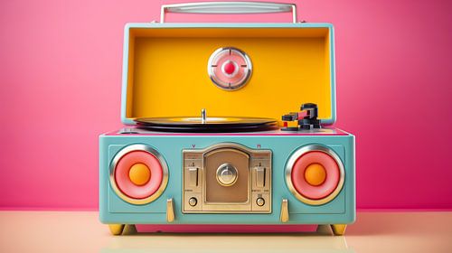 Roze en gele retro platenspeler in vintage stijl op een roze achtergrond