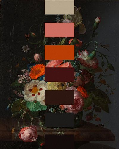 Still life of flowers, original (1716) by Rachel Ruysch with colour swatches