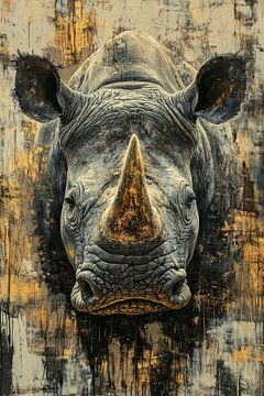 Neushoorn in Goudtextuur Krachtig Beeld van Overleving van Eva Lee