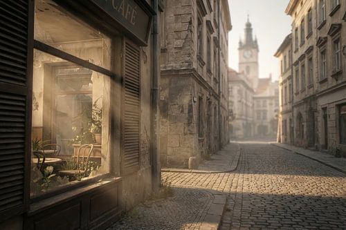 Zonovergoten verlaten café aan historische geplaveide straat