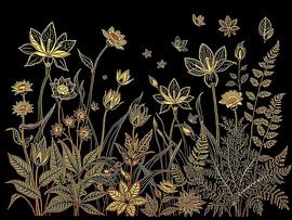 Opulenter Goldener Botanischer Garten: Ein luxuriöser schwarz-goldener Blumenkunstdruck von Artistic