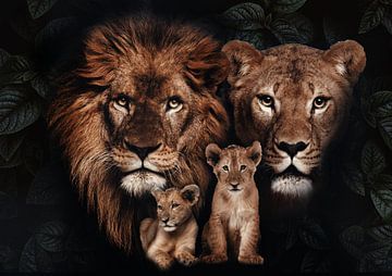 Löwenfamilie mit 2 Jungtieren von Bert Hooijer