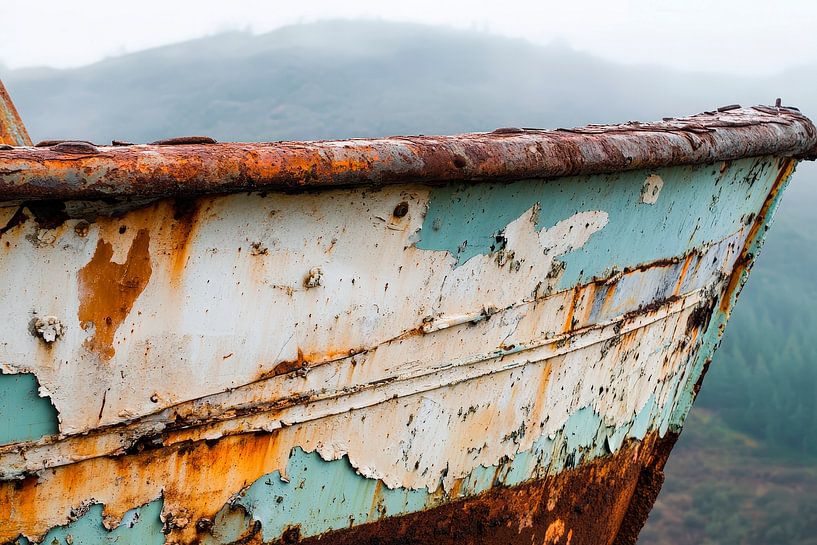 Rostiger Bootsrumpf im Nebel von Poster Art Shop