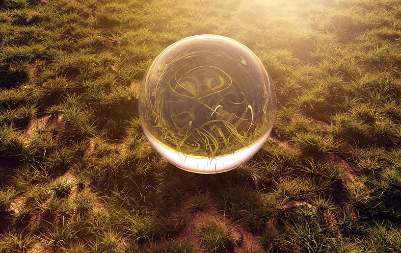 Boule de verre sur une zone herbeuse et sous le soleil du matin par Besa Art