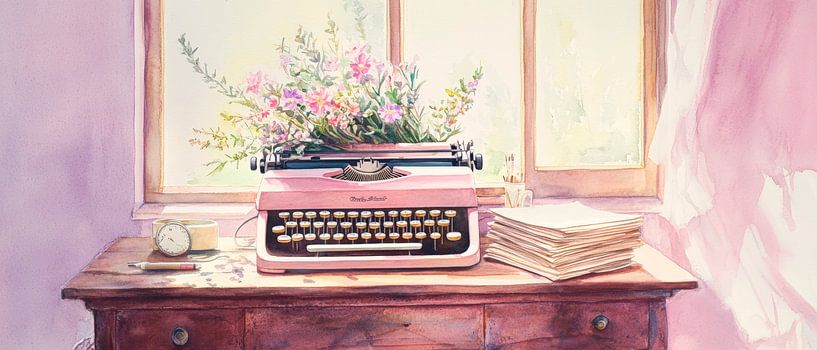 Vintage-Schreibmaschine mit Blumenarrangement von Poster Art Shop