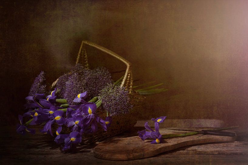 Stilleben mit Schwertlilien in Violetttönen im Weidenkorb. von Saskia Dingemans Awarded Photographer