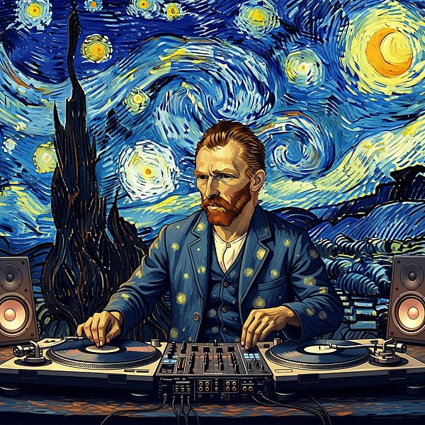 Abstract Starry Night DJ - Surreale Fusion von Musik und kosmischer Kunst von Aden Pink Galerry