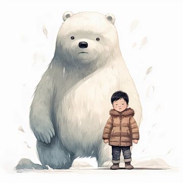A little boy with his bear friend the polar bear by Vlindertuin Art