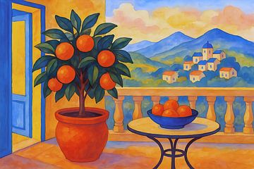 Mediterraans balkon met sinaasappels schilderij. van Johannes