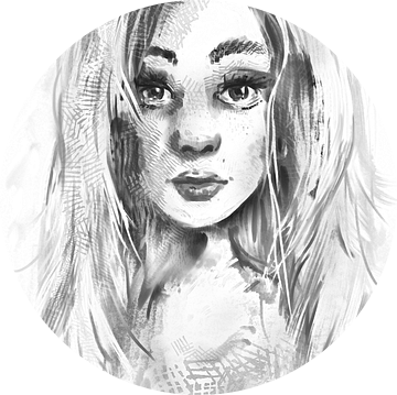 Zwart wit tekening - portret van een jonge vrouw met lange haren van Emiel de Lange