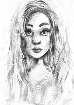Zwart wit tekening - portret van een jonge vrouw met lange haren van Emiel de Lange