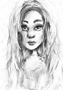 Zwart wit tekening - portret van een jonge vrouw met lange haren van Emiel de Lange thumbnail