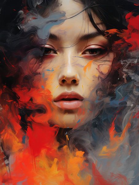 Vlammen van Verbeelding - Levendig Abstract Portret van Eva Lee