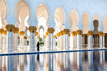 Reflectie en vrouw met zuilen in Sheikh Zayid Moskee in Abu Dhabi van Dieter Walther